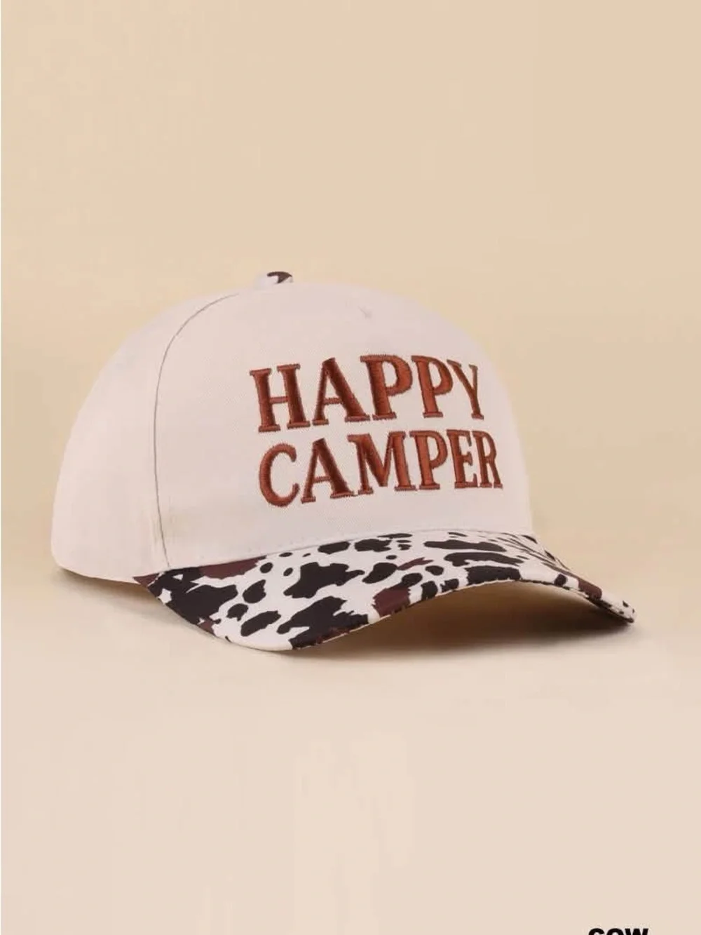 Zenana Happy Camper White Cap with Brown Embroidery Cow Print